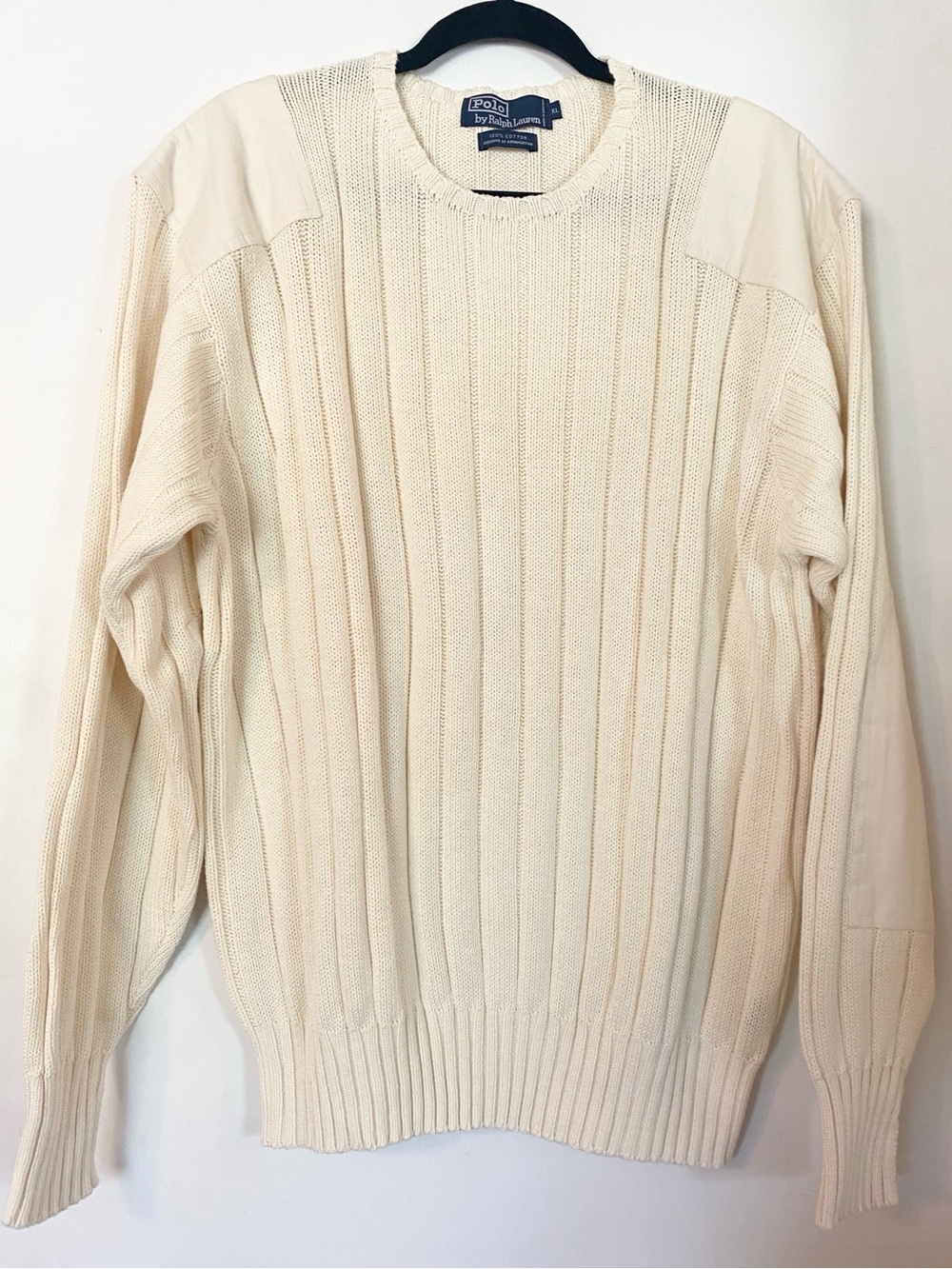VTG 90s Polo Ralph Lauren Rib Knit Sweater Elbow & Shoulder Patches Cream XL EUC